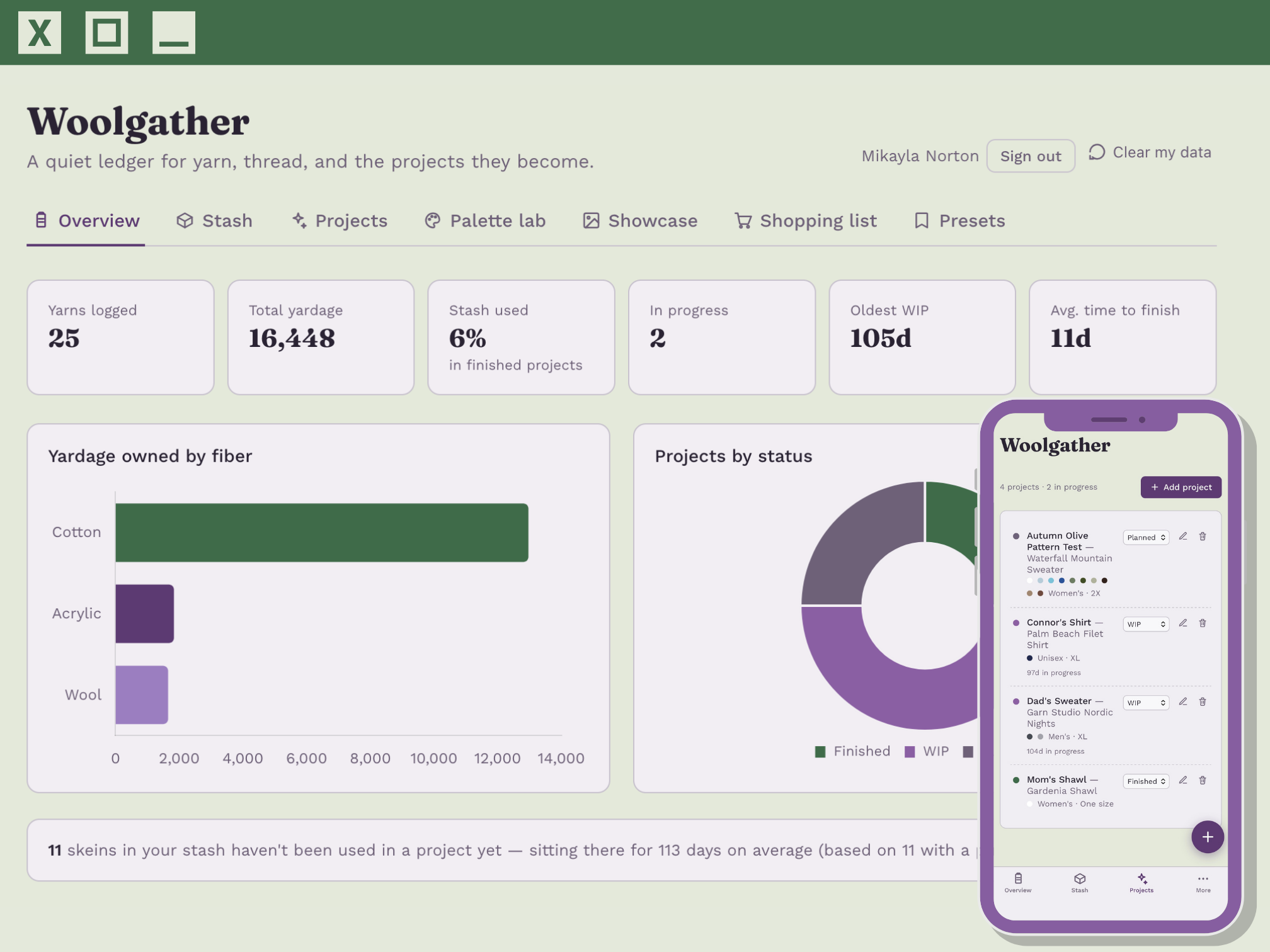 The Woolgather app shown on desktop and mobile — a stash dashboard with fiber and project charts